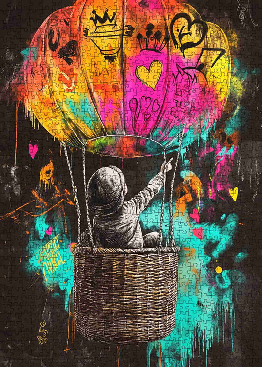 Hot Air Balloon with Colorful Heart Balloons Jigsaw Puzzle