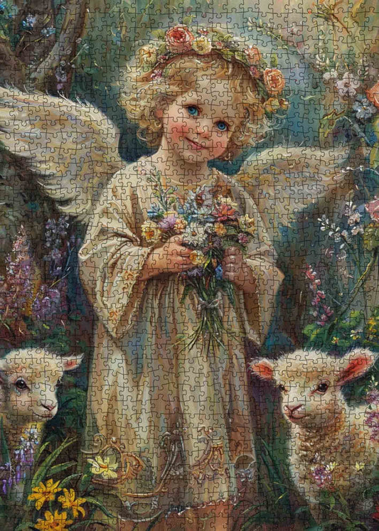 Angel Girl with Flowers and Lamb Jigsaw Puzzle