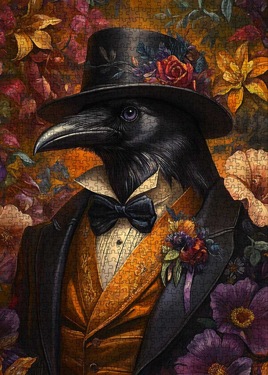 Dapper Raven with Floral Attire Jigsaw Puzzle