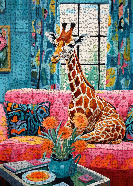 Colorful Giraffe in Cozy Living Room Jigsaw Puzzle