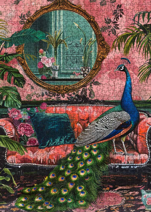 Elegant Peacock on a Velvet Sofa Jigsaw Puzzle