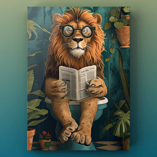 Lion Reading Newspaper on Toilet Canvas Wall Art