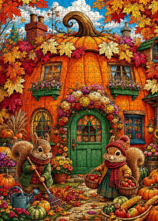 Autumn Pumpkin Cottage Squirrels Jigsaw Puzzle