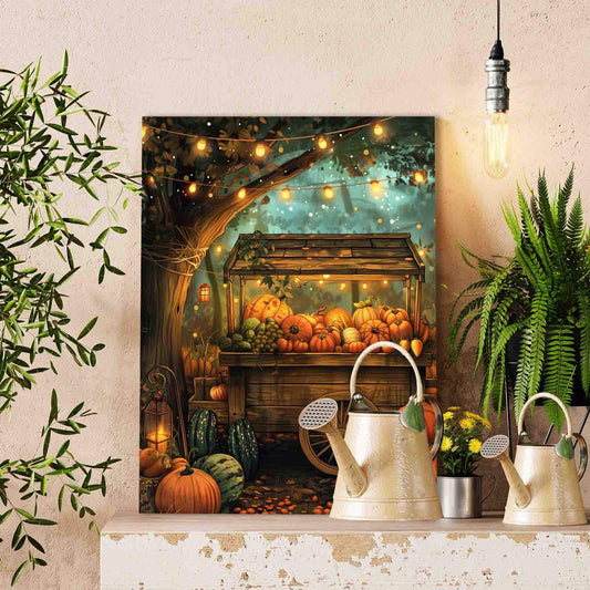 Autumn Pumpkin Cart under String Lights Paint by Numbers