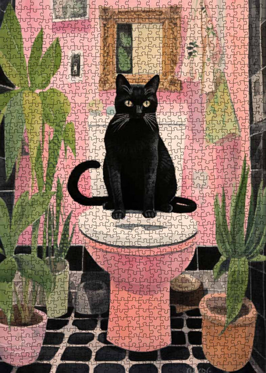 Black Cat on the Toilet Jigsaw Puzzle