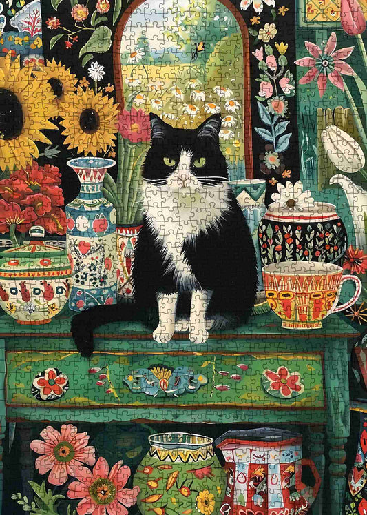 Black Cat in a Garden of Flowers Jigsaw Puzzle