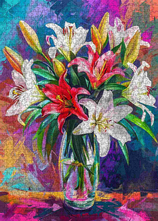 Blooming Lilies in Colorful Vase Jigsaw Puzzle