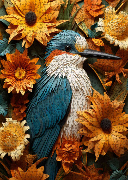 Blue Kingfisher in Sunflowers Jigsaw Puzzle