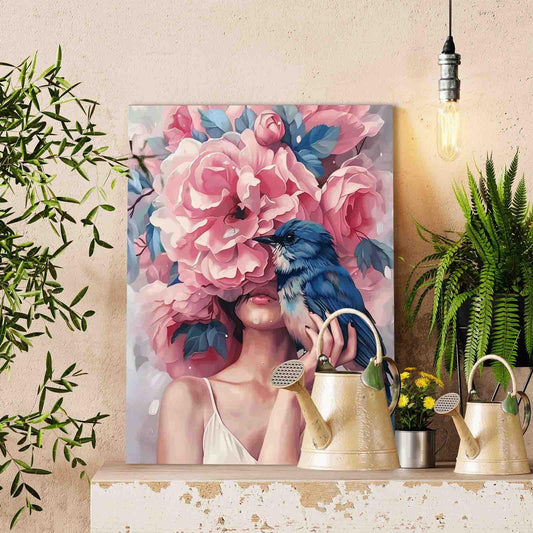 Blue Bird in Girl's Hand and Pink Flower Paint by Numbers