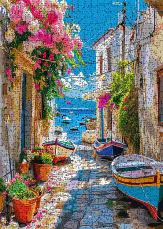 Boats and Bougainvillea Alley Jigsaw Puzzle