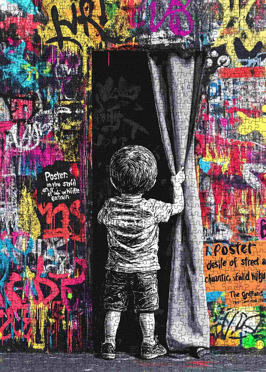Boy Pulling Curtain Graffiti Jigsaw Puzzle