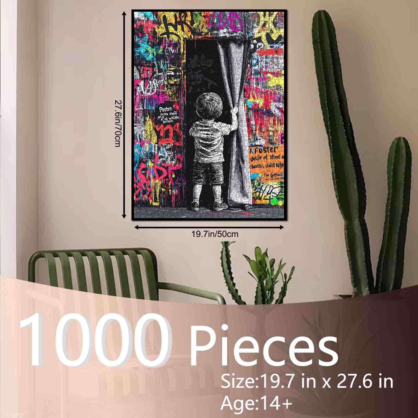 Boy Pulling Curtain Graffiti Jigsaw Puzzle