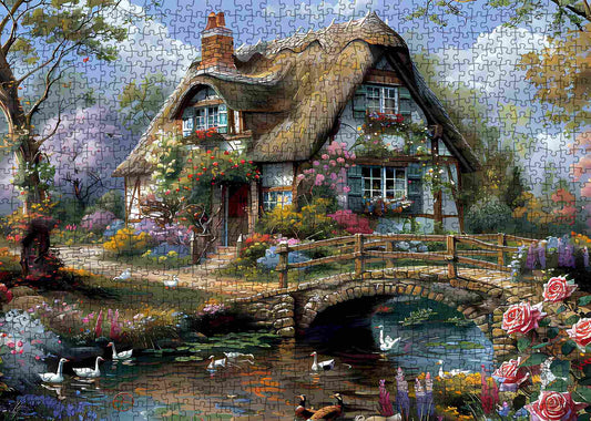 Bridgeside Vintage Thatched Cottage Jigsaw Puzzle
