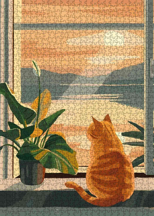 Cat Watching Sunset Window Jigsaw Puzzle