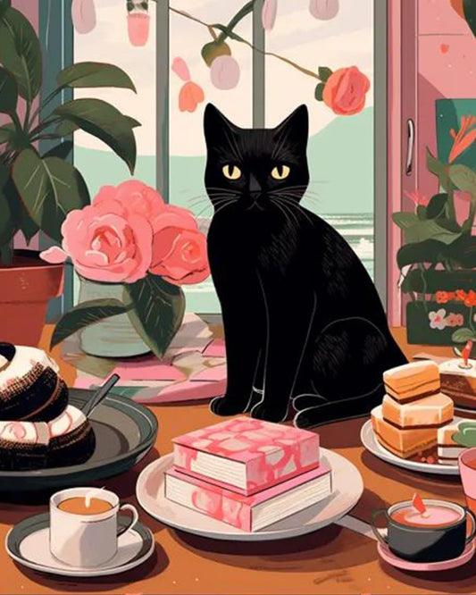 Cat Sitting at Table with Coffee Cake Paint by Numbers