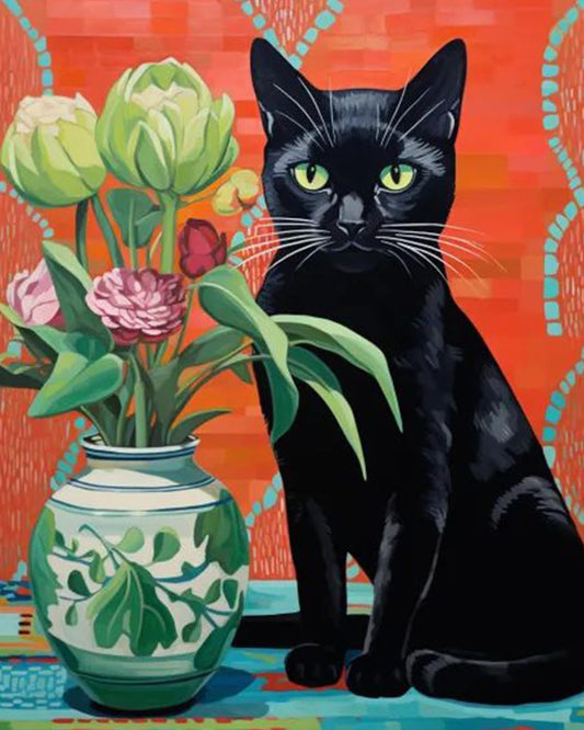 Black Cat Sitting by the Floral Vase Paint by Numbers