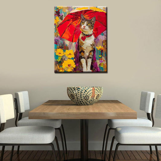 Cat under a Red Umbrella Paint by Numbers