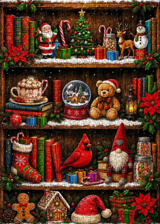 Christmas Treasures on Bookshelf Jigsaw Puzzle