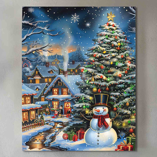Christmas Village and Snowman Canvas Wall Art