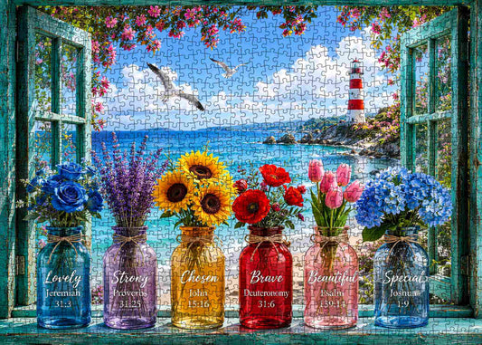 Coastal Lighthouse Flower Window View Jigsaw Puzzle