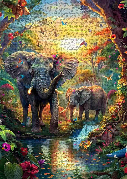 Colorful Elephants in Jungle Jigsaw Puzzle