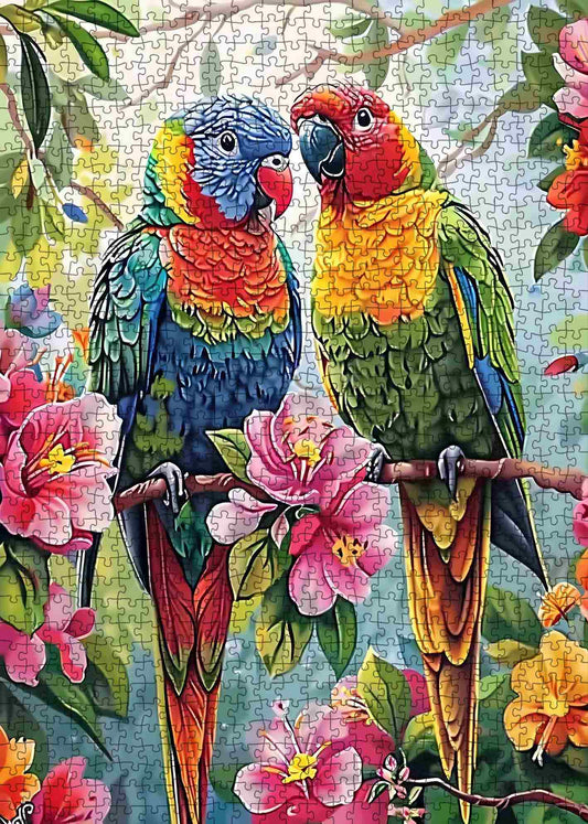 Colorful Parrots on Branch Jigsaw Puzzle