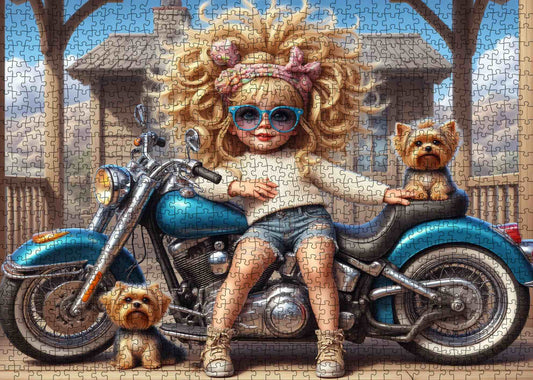 Cool Biker Girl and Pups Jigsaw Puzzle