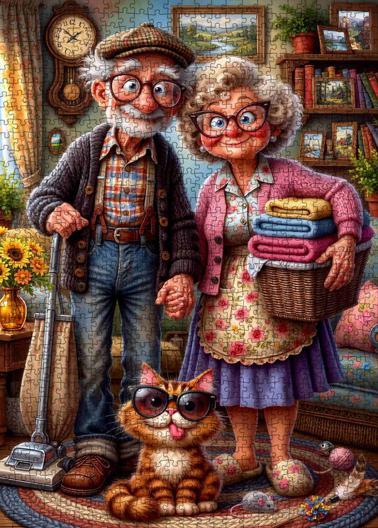 Cozy Grandma Grandpa and Cat Jigsaw Puzzle