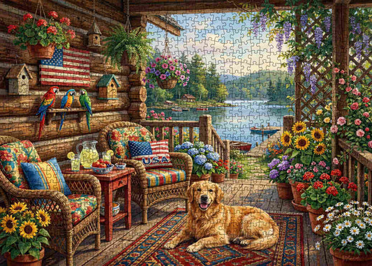 Cozy Lakeside Cabin Porch Garden Jigsaw Puzzle