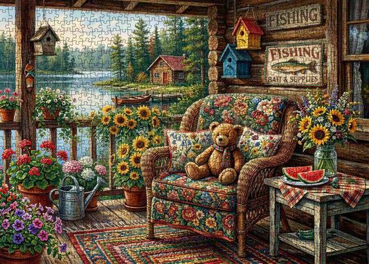 Cozy Lakeside Porch Teddy Garden Jigsaw Puzzle