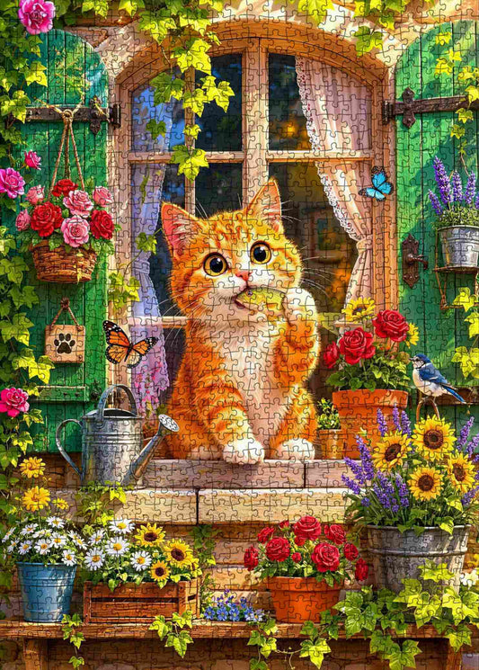 Curious Orange Cat Garden Window Jigsaw Puzzle