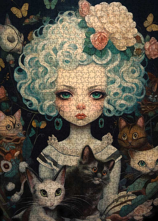 Curly-Haired Girl with Cats Jigsaw Puzzle