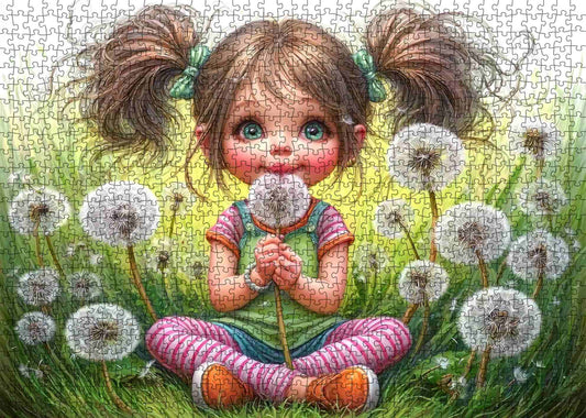 Cute Cartoon Girl with Dandelions Jigsaw Puzzle