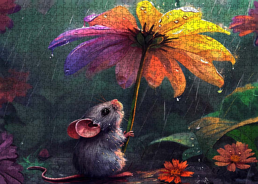 Cute Mouse Colorful Flowers Painting Jigsaw Puzzle