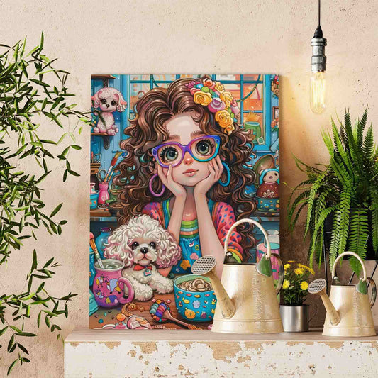Cute Girl with Poodle in Art Studio Paint by Numbers