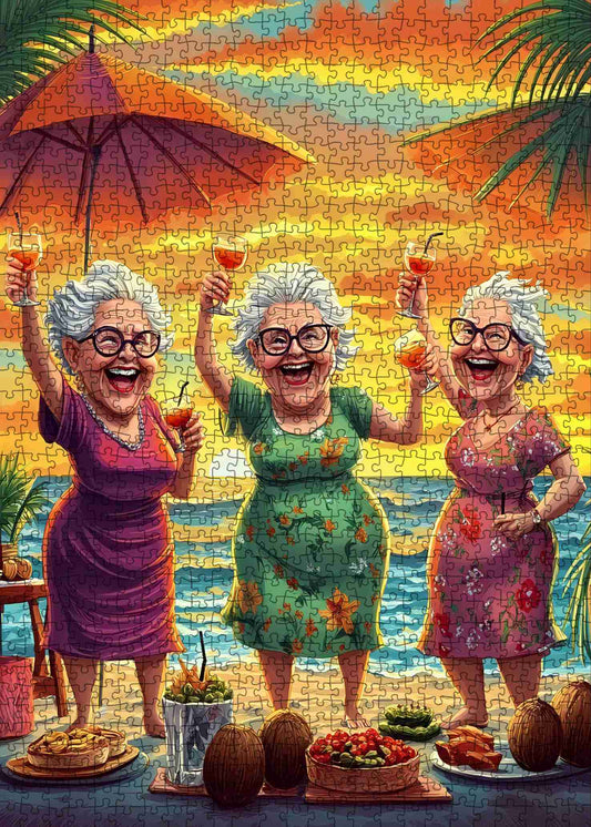 Elderly Friends Celebrating Sunset on Beach Jigsaw Puzzle