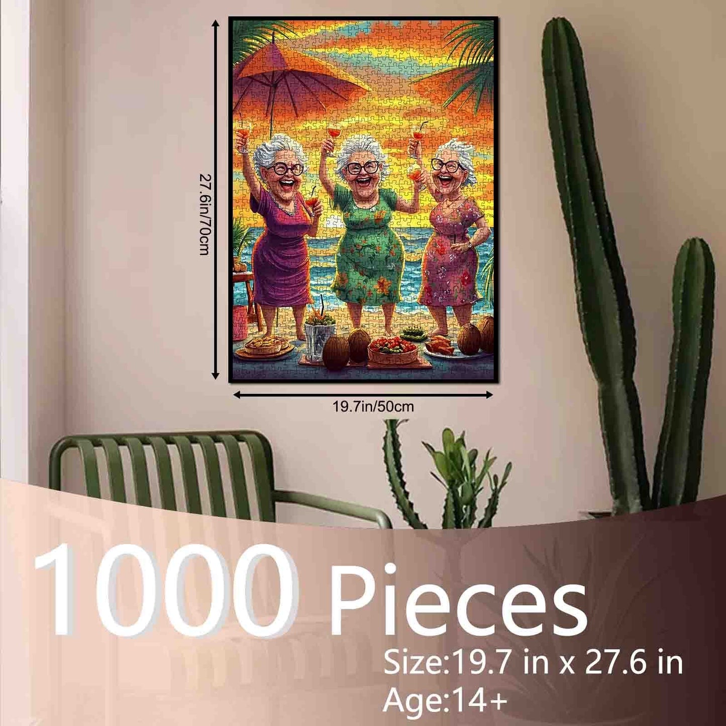 Elderly Friends Celebrating Sunset on Beach Jigsaw Puzzle