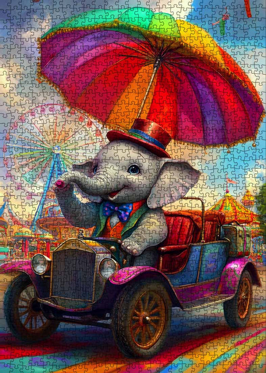 Elephant in Colorful Car Jigsaw Puzzle
