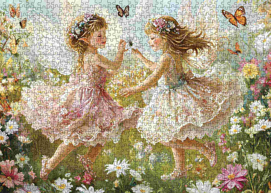 Fairy Girls Dancing in a Flower Field Jigsaw Puzzle