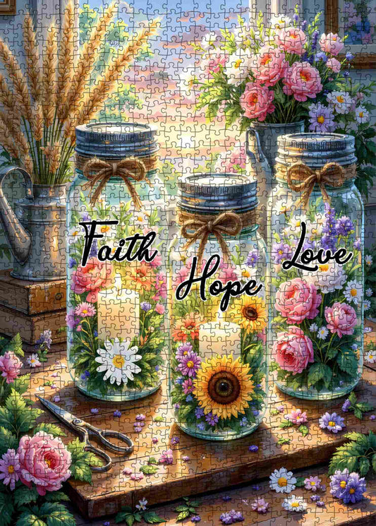 Faith Hope Love Floral Mason Jar Jigsaw Puzzle