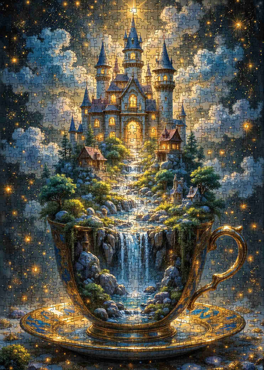 Fantasy Teacup Castle Waterfall Night Sky Jigsaw Puzzle