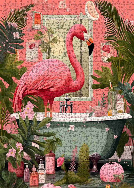 Flamingo in Tropical Bathroom Jigsaw Puzzle