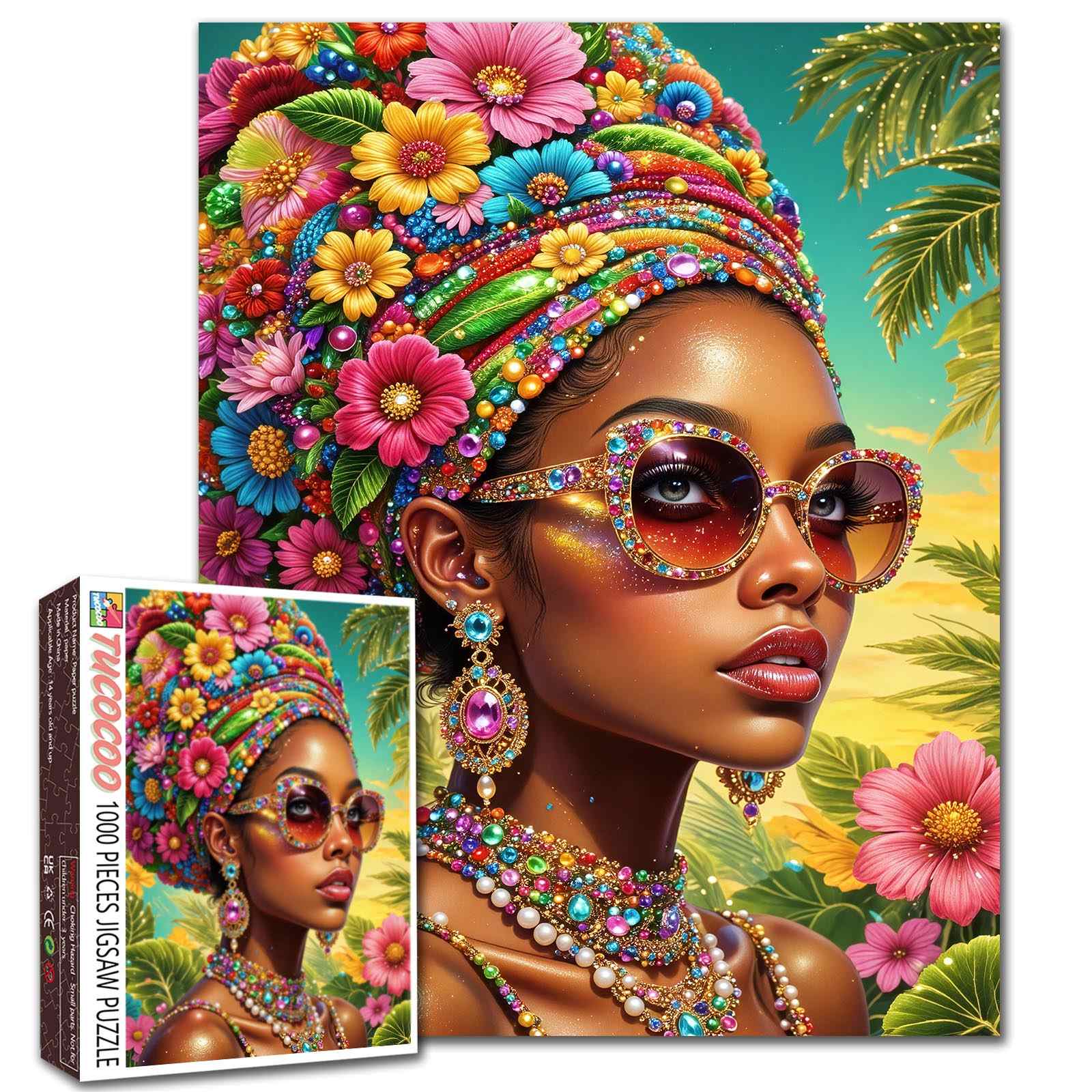 Floral Afro Beauty with Sunglasses Jigsaw Puzzle – Tucocoo