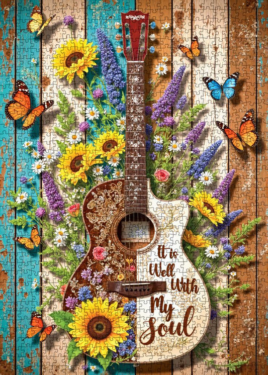 Floral Guitar Butterfly Rustic Wood Art Jigsaw Puzzle