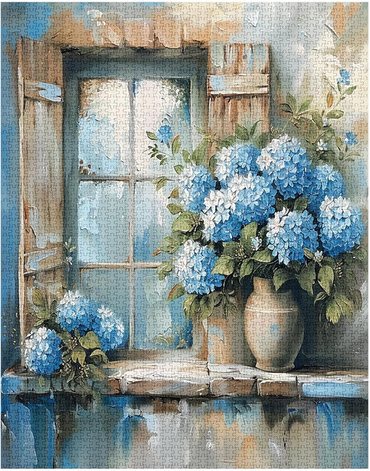 Puzzles de fenêtre rustiques avec hortensias