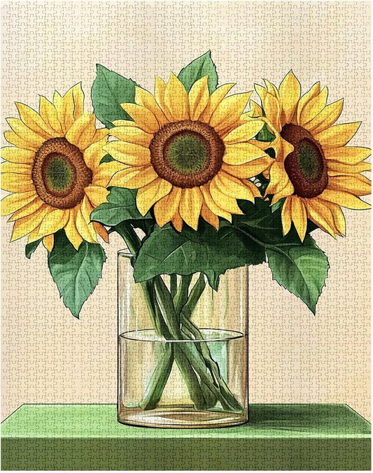 Sunflowers in Glass Vase Retro Art Jigsaw Puzzles
