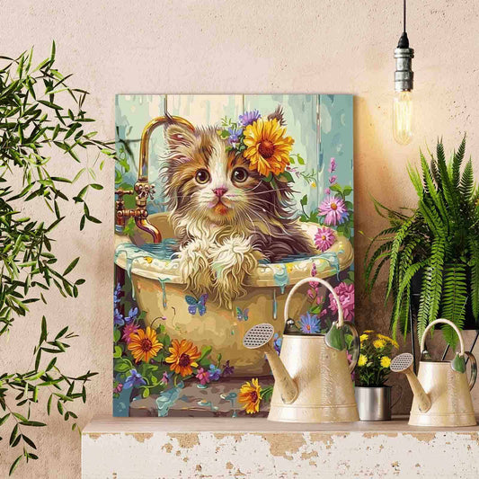 Fluffy Kitten in Blooming Bath Paint by Numbers