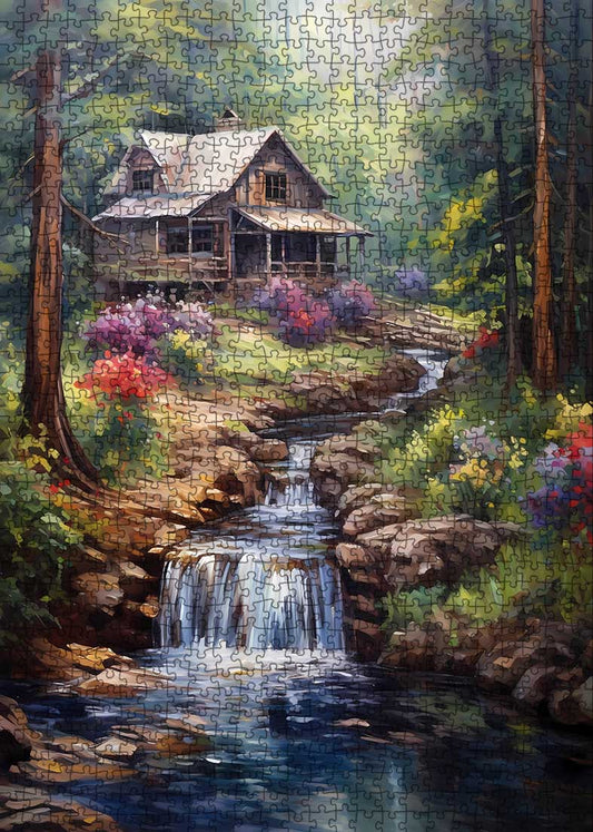 Forest Waterfall Rustic Wood Cabin Jigsaw Puzzle