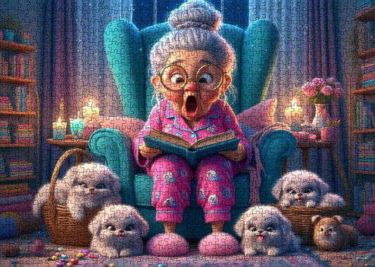 Funny Grandma and Fluffy Pups Jigsaw Puzzle