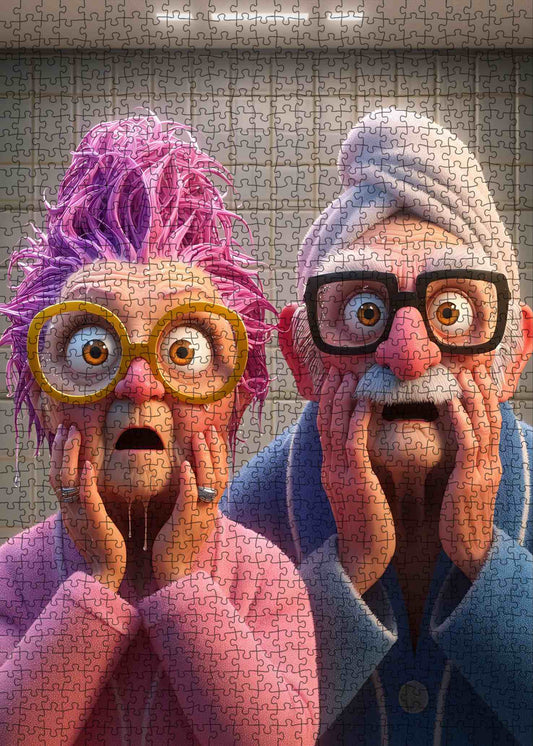 Funny Shocked Elderly Couple Cartoon Jigsaw Puzzle